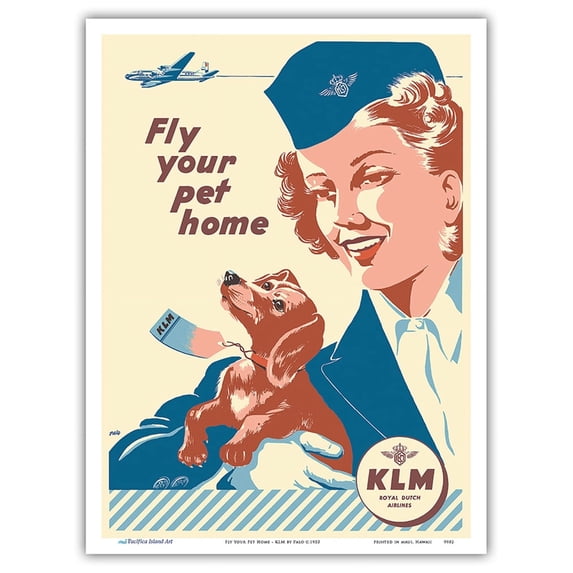 Fly Your Pet Home - KLM Royal Dutch Airlines - Vintage Airline Travel Poster by Palo c.1953 - Master Art Print (Unframed) 9in x 12in