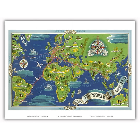 Fly the World - Global Air Network - Fly Routes Map - Vintage Airline Travel Poster by Lucien Boucher c.1950 - Master Art Print (Unframed) 9in x 12in