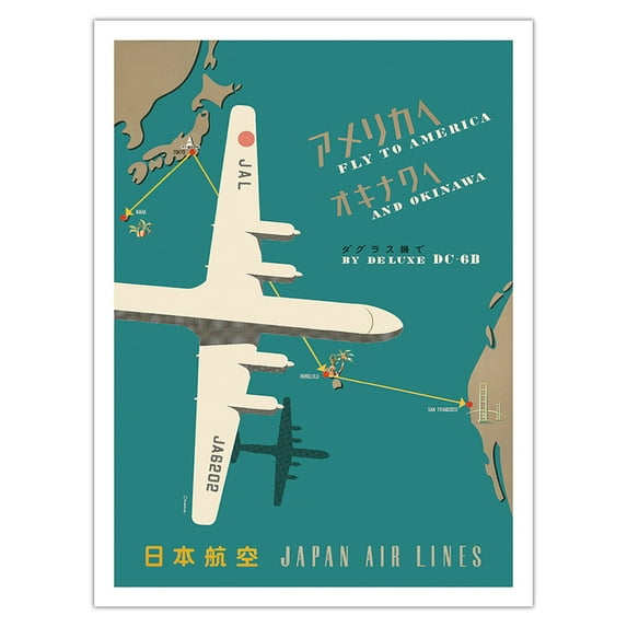 Fly to America and Okinawa - Deluxe DC-6B - Japan Airlines - Vintage Airline Travel Poster - Bamboo Fine Art 290gsm Paper (Unframed) 12x16in