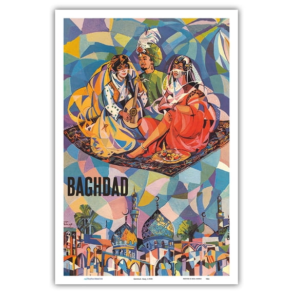 Fly to Baghdad Iraq - Magical Flying Carpet - Vintage Travel Poster c.1950s - Master Art Print (Unframed) 12in x 18in