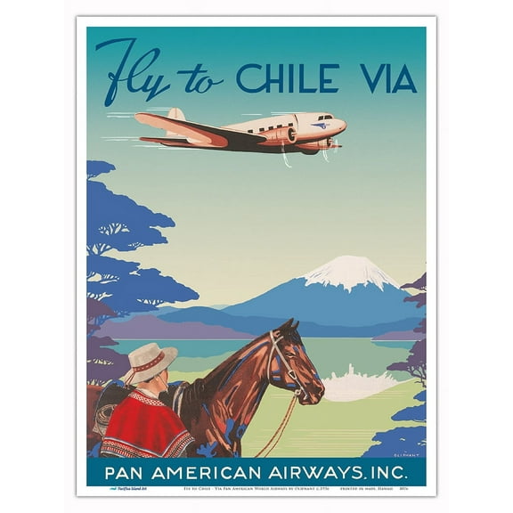 Fly to Chile - Via Pan American World Airways - Vintage Airline Travel Poster by Oliphant c.1936 - Master Art Print (Unframed) 9in x 12in