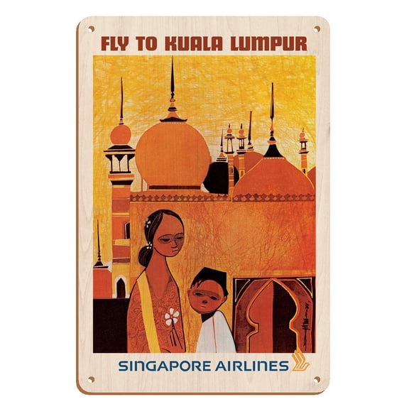 Fly to Kuala Lumpur Malaysia - Singapore Airlines - Vintage Airline Travel Poster by Seah Kim Joo c.1960s - 8 x 12 inch Vintage Wood Art Sign