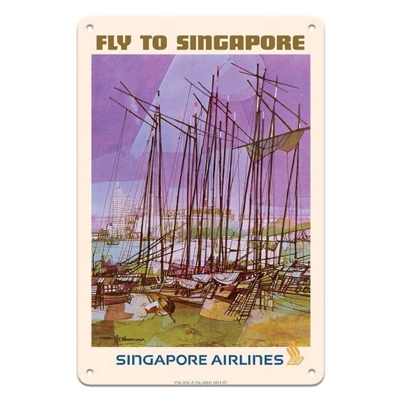 Fly to Singapore - Singapore Airlines - Vintage Airline Travel Poster by Seah Kim Joo c.1960s - 8 x 12 inch Vintage Metal Tin Sign