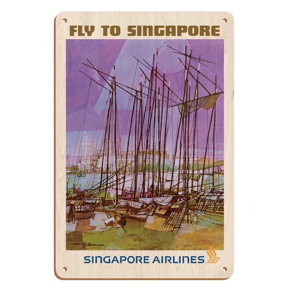 Fly to Singapore - Singapore Airlines - Vintage Airline Travel Poster by Seah Kim Joo c.1960s - 8 x 12 inch Vintage Wood Art Sign