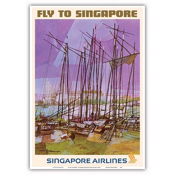 Fly to Singapore - Singapore Airlines - Vintage Airline Travel Poster by Seah Kim Joo c.1960s - Master Art Print 10in x 14in