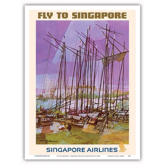 Fly to Singapore - Singapore Airlines - Vintage Airline Travel Poster by Seah Kim Joo c.1960s - Master Art Print (Unframed) 9in x 12in