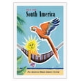 thumbnail image 1 of Fly to South America - Pan American World Airways - Vintage Airline Travel Poster by Jean Carlu c.1952 - Fine Art Rolled Canvas Print 27in x 40in, 1 of 4