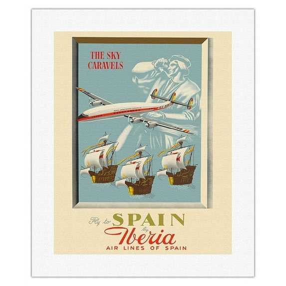 Fly to Spain - by Iberia Air Lines of Spain - Christopher Columbus - Vintage Airline Travel Poster c.1950s - Fine Art Rolled Canvas Print 16in x 20in