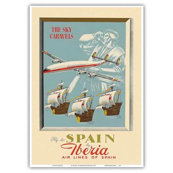Fly to Spain - by Iberia Air Lines of Spain - Christopher Columbus - Vintage Airline Travel Poster c.1950s - Master Art Print 10in x 14in