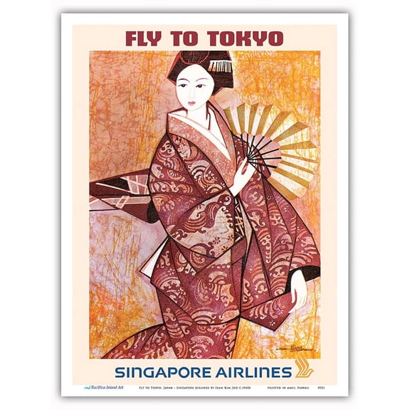 Fly to Tokyo Japan - Geisha - Singapore Airlines - Vintage Airline Travel Poster by Seah Kim Joo c.1960s - Master Art Print (Unframed) 9in x 12in