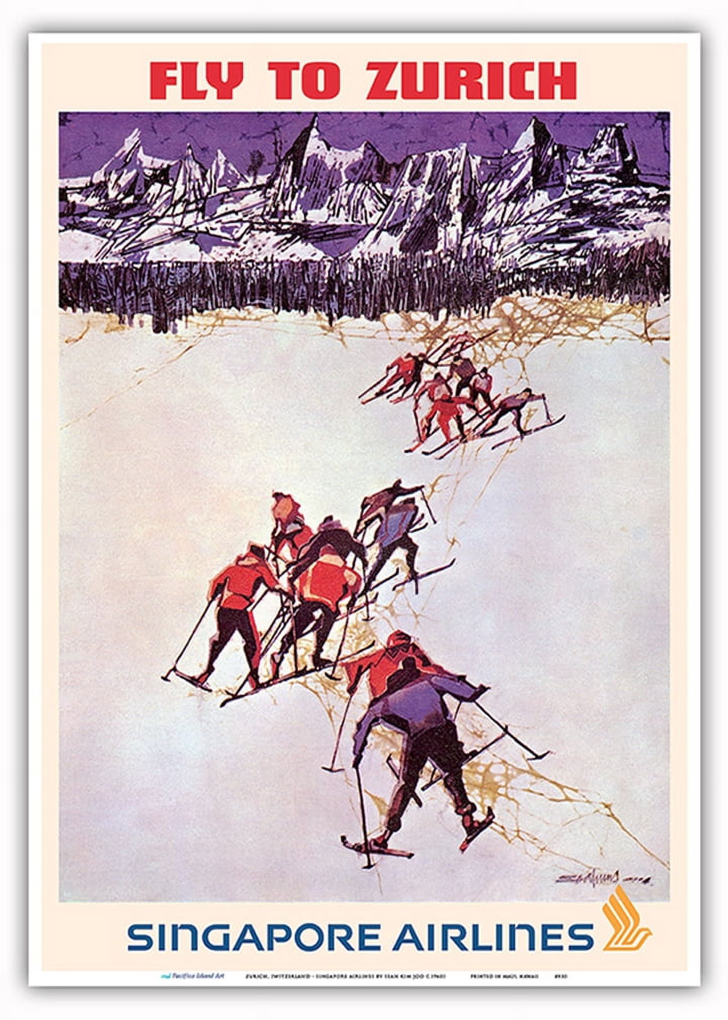 Seah Poster Fly to Zurich Switzerland - Skiing - Singapore Airlines - Vintage ...