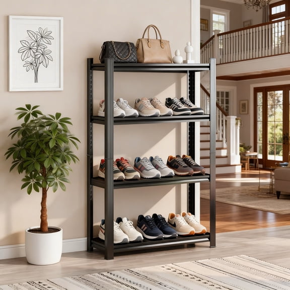 FlyDzrewt 54''H Metal Shoe Storage Shelving, 4-Tier Heavy Duty Shoe Rack, Adjustable Shoe Storage Shelves, Utility Shoe Rack for Entryway Closet Basement Bedroom (Black, 54''H40''W18''D, 4 Tier)