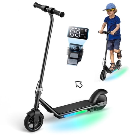 Electric Scooter for Kids 6-12, 150W Motor Max 10 Mph, 6 Miles Range Escooter Teens with Ambient Lighting & Dual Breaking, 6'' Solid Tires E-Scooter for Boys Girls(Black)