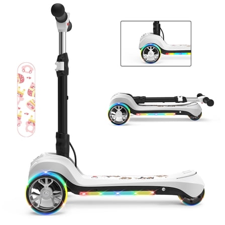 FlyORO Electric Scooter for Kids Age 3-6, Light-Up Pole & Pedal Foldable Kid Escooter, 5 Mph Max 3-Wheel Electric Ride On Toys (White)