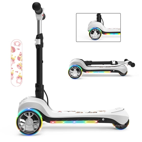 FlyORO Electric Scooter for Kids Age 3-6, Light-Up Pole & Pedal Foldable Kid Escooter, 5 Mph Max 3-Wheel Electric Ride On Toys (White)