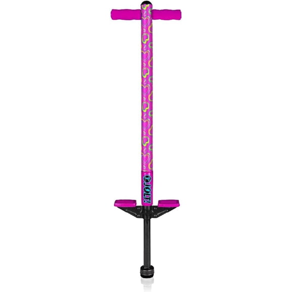 Flybar Jolt Pogo Stick for Kids, Perfect for Beginners w/ Foam-Covered Metal Frame, Handles & Padding, Non-Slip Foot Pads, Wide Tip, Outdoor Active Play Toy for Boys & Girls, Ages 6+, Pink Hearts