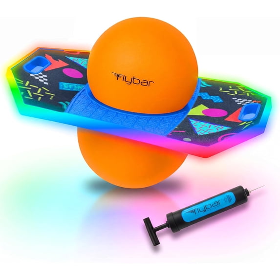 Flybar LED Pogo Trick Ball Balance Board for Kids Ages 6+,Textured Anti-Slip Deck For Secure Jumping, Indoor & Outdoor Toy For Boys & Girls,Supports Up To 160Lb, Includes Hand Pump, Retro Rocket Glow