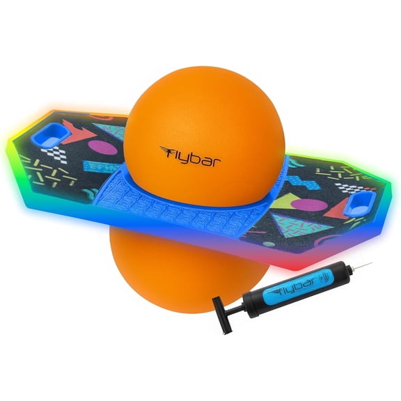 Flybar Pogo Glow Trick Ball for Kids, Balance Bounce Board with Anti-Slip Deck, Supports up to 160 lbs, Retro Rocket, Ages 6+