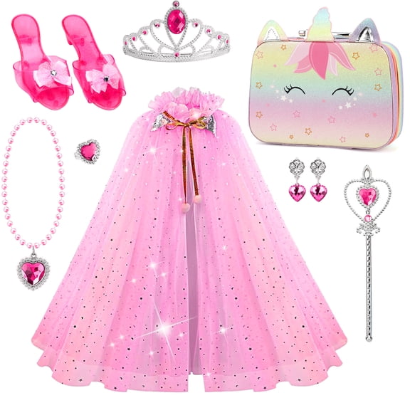 Flybay Princess Dress up for Girls, 11 Pcs Princess Costumes with Uni-Corn Bag Jewelry Shoes Role Play Toddler Christmas Birthday Gift Toys for 3-6 Years
