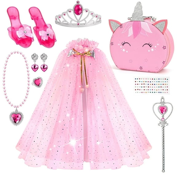 Flybay Princess Dress up for Girls, 11 Pcs Princess Costumes with Uni-Corn Bag Jewelry Shoes Role Play Toddler Christmas Birthday Gift Toys for 3-6 Years