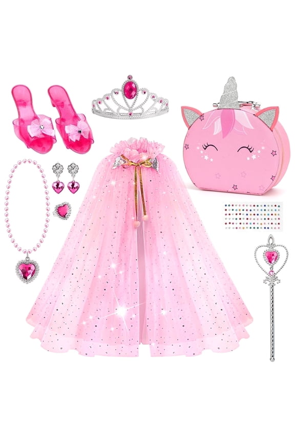 Princess Dress up for Girls, 11 Pcs Princess Costumes with Uni-Corn Bag Jewelry Shoes Role Play Toddler Christmas Birthday Gift Toys for 3-6 Years