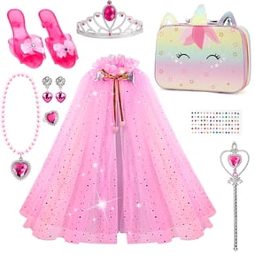 Flybay Princess Dress up for Girls, 11 Pcs Princess Costumes with Uni-Corn Bag Jewelry Shoes Role Play Toddler Christmas Birthday Gift Toys for 3-6 Years