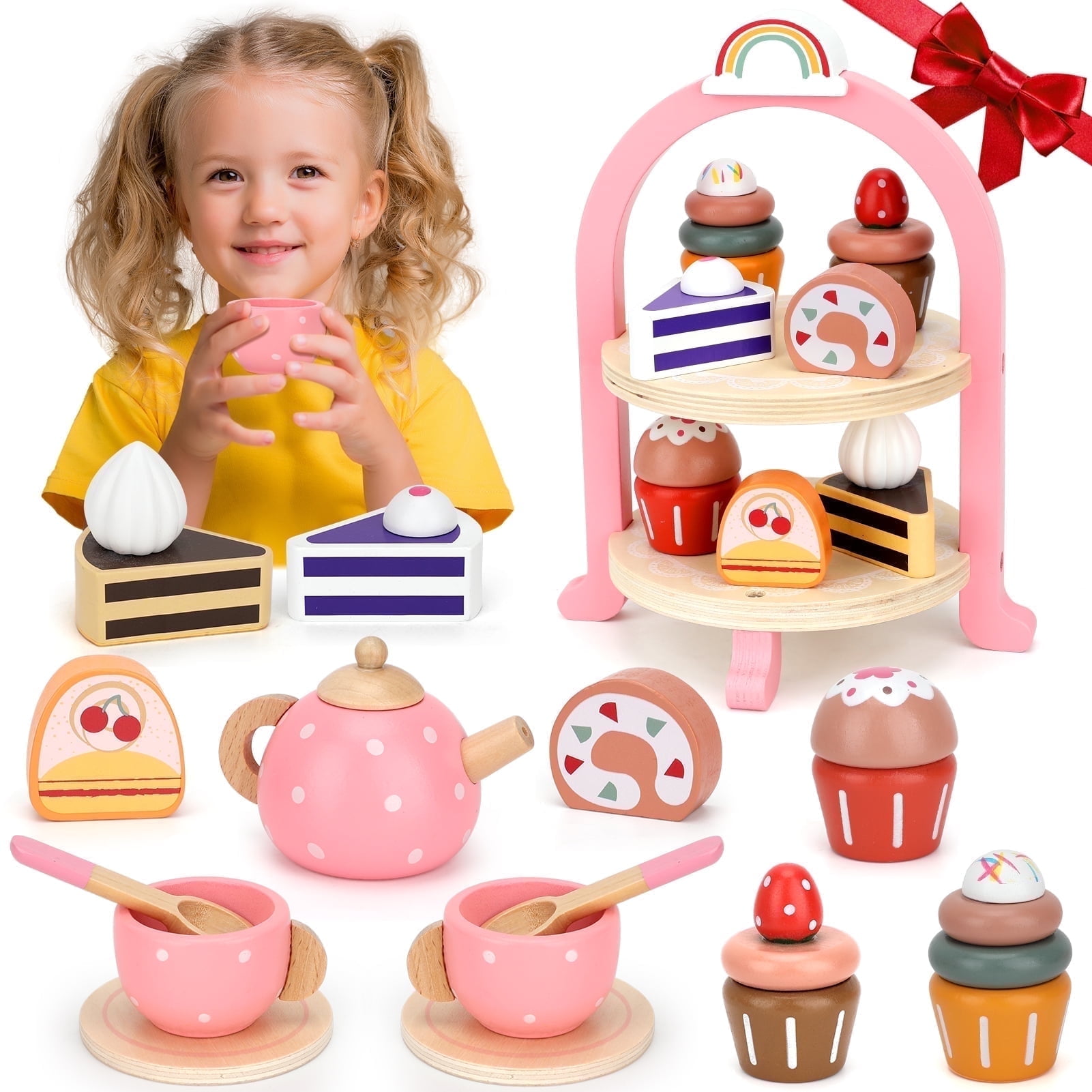 Flybay Tea Sets for Girls,Toddlers Little Girls Toys,Kids Wooden Tea Party Set for Pretend Play,Ideal Christmas Birthday Gifts for 3-8 Year Old Girl