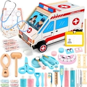 Flybay Wooden Doctor Kit for Toddlers, 45 Pcs Pretend Play Medical Set with Ambulance for Kids Ages 3-6