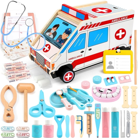 Flybay Wooden Doctor Kit for Toddlers, 45 Pcs Pretend Play Medical Set with Ambulance for Kids Ages 3-6