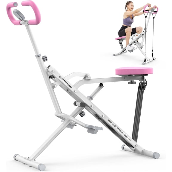 Sportsroyals Pink Squat Machine for Home, 330lbs Foldable, 4 Resistance Bands, Core & Leg Exercise Pink