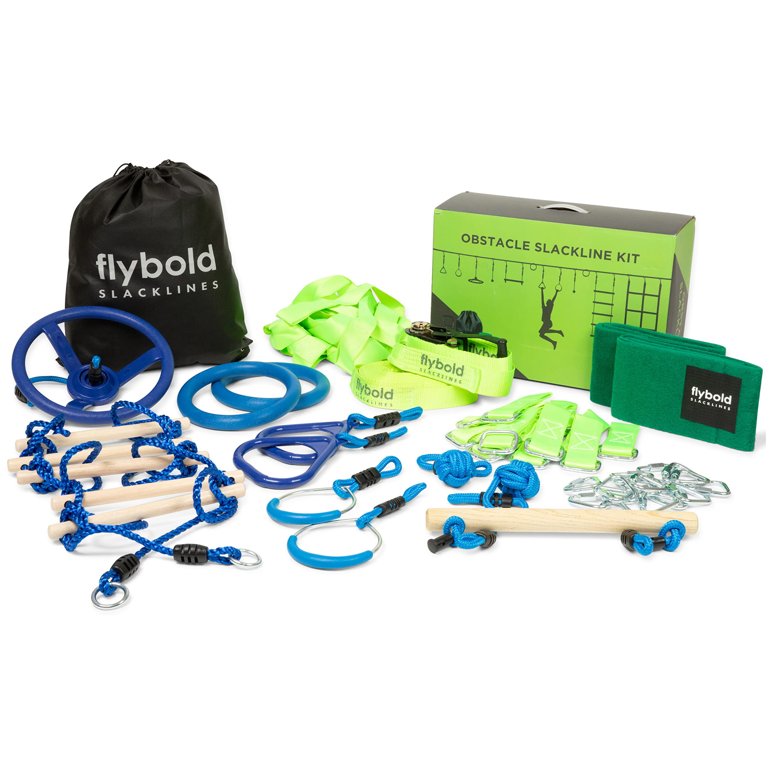 Flybold Ninja Warrior Slackline Kit for Kids | 8 Adjustable Obstacles |  Twin Gear Ratchet | 40 ft