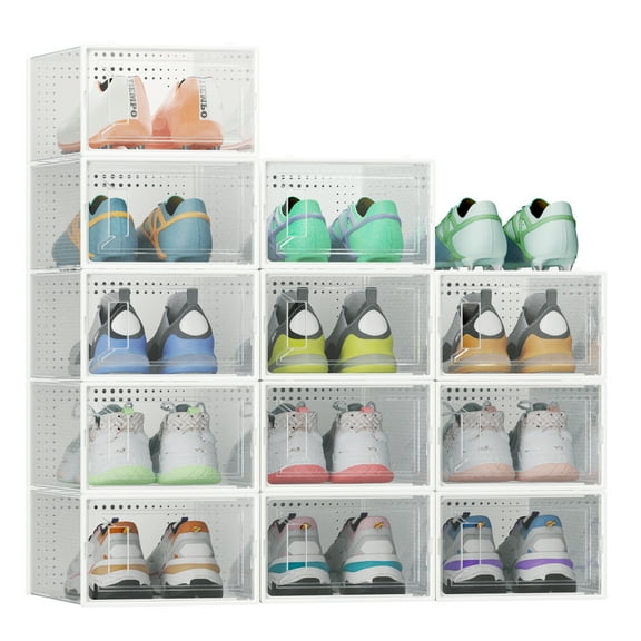 Flycity 12 Pack Clear Plastic Shoe Boxes, Stackable Shoe Storage Organizer, Space-Saving Shoe Rack for High Heels Broques Sneakers Flip-flops