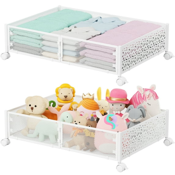 Flycity 2 Pack Foldable Under Bed Storage, Under the Bed Storage Containers with Wheels, Storage Organizer Bins for Bedroom Clothes Shoes Blankets - White