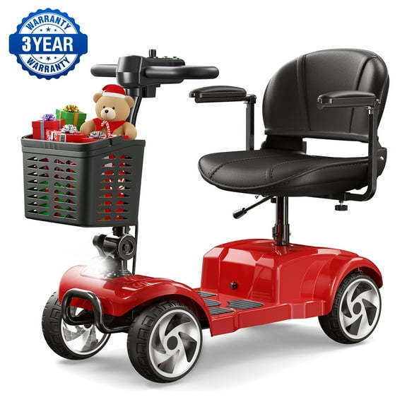 Flycity 24V 4 Wheel Mobility Scooter for Seniors, Foldable 30 Miles Long Range Electric Scooter with LED Lights and Basket, 20Ah Electric Powered Wheelchair Device for Adults, Red