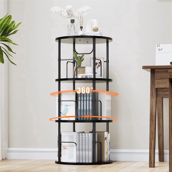 Flycity 3 Tier Rotate Bookcases, 360° Display Spin Bookcases Corner Shelf with Special Visible Partition Storage, Black