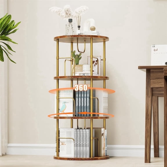 Flycity 3 Tier Rotate Bookcases, 360° Display Spin Bookcases Corner Shelf with Special Visible Partition Storage, Gold