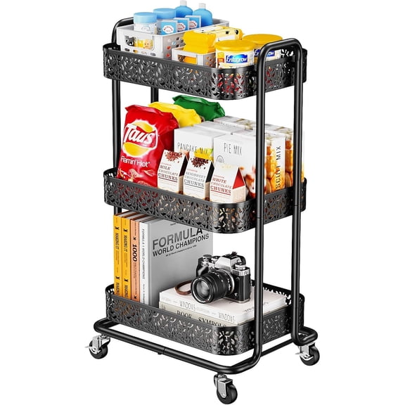 Flycity 3 Tier Utility Cart, Multifunctional Metal Rolling Cart with Wheels, Kitchen Storage Cart for Kitchen, Office, Home