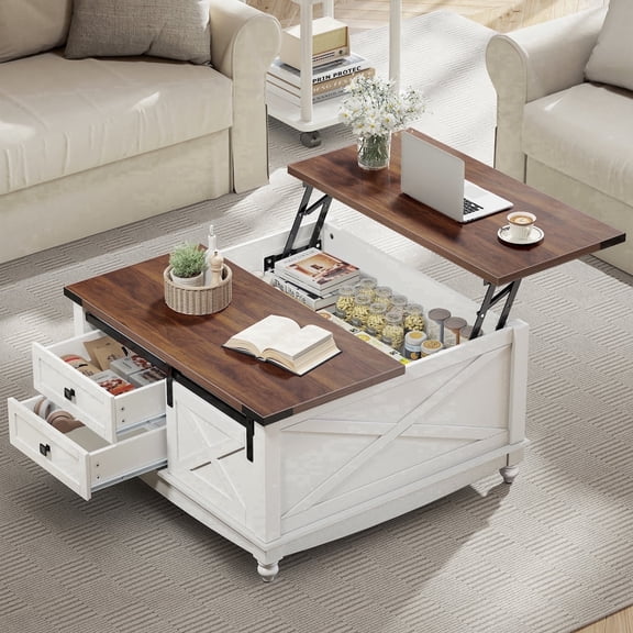 Flycity Square Lift-Top Coffee Table with 2 Drawers, 31.5" Farmhouse Lift up Coffee Table with Hidden Storage Compartment, Wood Center Table for Living Room, White