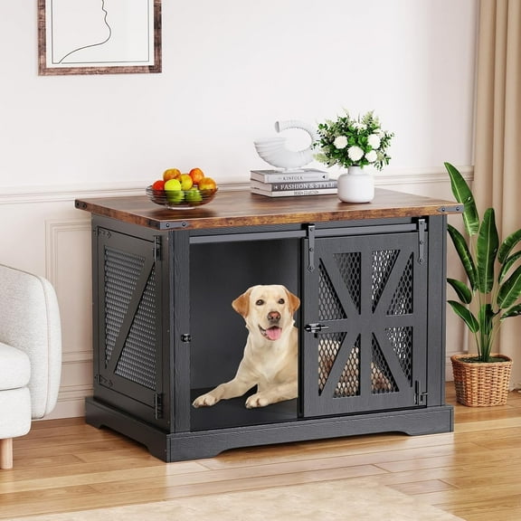 Flycity 39.3" Farmhouse Dog Crate Furniture with Sliding Door, Heavy Duty Dog Cage for Medium Small Dogs, Dog Kennel Furniture for Indoor Outdoor, Black