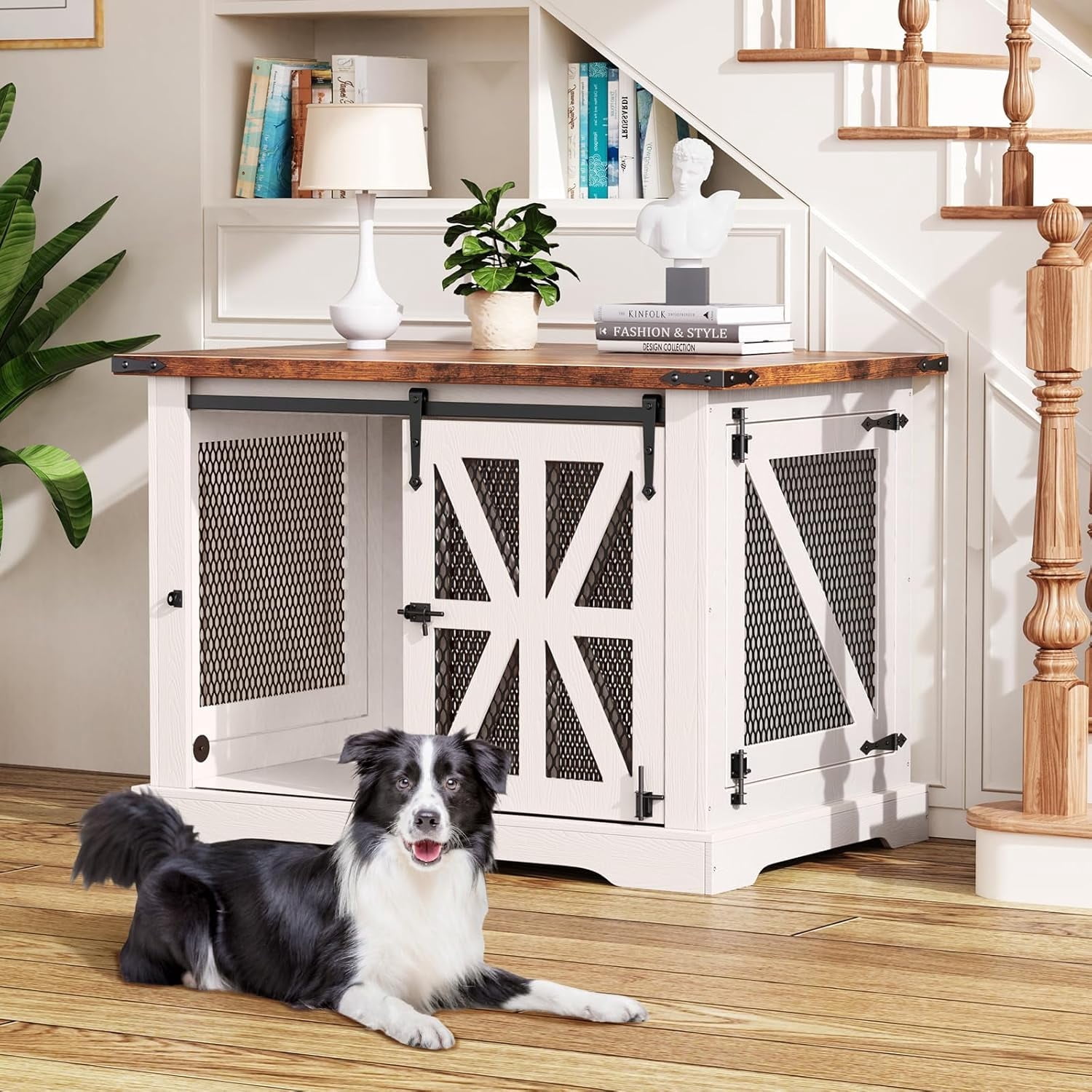 Flycity 39.4''Farmhouse Dog Crate Furniture with Sliding Door, Heavy Duty Dog Crate for Small Medium Dogs, Wooden Dog Kennel Indoor with 3 Doors, Decorative Pet House End Table for Living Room, White