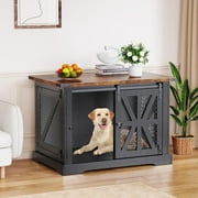 Flycity 39.4''Farmhouse Dog Crate Furniture with Sliding Door, Heavy Duty Dog Crate for Medium Large Dogs, Wooden Dog Kennel Indoor with 3 Doors, Decorative Pet House End Table for Living Room, Black