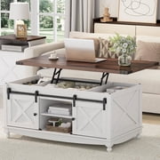Flycity 48 Farmhouse Lift Top Coffee Table with Storage Sliding Barn Door, Lifting Tabletop Rustic Center Table with Large Hidden Compartment for Living Room, White & Brown