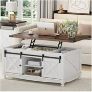 Flycity 48" Farmhouse Lift Top Coffee Table with Storage Sliding Barn Door, Lifting Tabletop Rustic Center Table with Large Hidden Compartment for Living Room, White & Brown