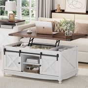 Flycity 48 Farmhouse Lift Top Coffee Table with Storage Sliding Barn Door, Lifting Tabletop Rustic Center Table with Large Hidden Compartment for Living Room, White & Brown