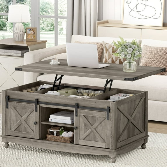 Flycity 48" Farmhouse Lift Top Coffee Table with Storage Sliding Barn Door, Pull up Coffee Table with Hidden Compartment for Living Room Bedroom, Gray