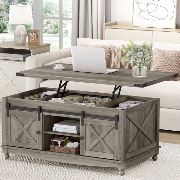 Flycity 48" Farmhouse Lift Top Coffee Table with Storage Sliding Barn Door, Pull up Coffee Table with Hidden Compartment for Living Room Bedroom, Gray