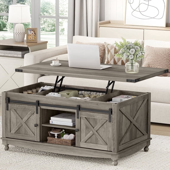 Flycity 48" Farmhouse Lift Top Coffee Table with Storage Sliding Barn Door, Pull up Coffee Table with Hidden Compartment for Living Room Bedroom, Gray