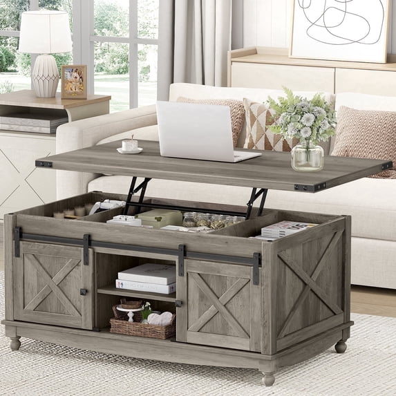 Flycity 48" Farmhouse Lift Top Coffee Table with Storage Sliding Barn Door, Pull up Coffee Table with Hidden Compartment for Living Room Bedroom, Gray