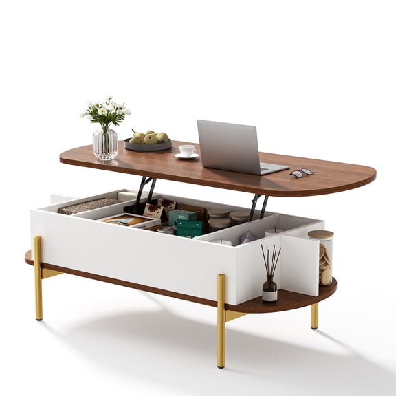 Flycity 48" Oval Lift Top Coffee Table with Hidden Storage and Open Shelves, Lift up Coffee Table for Living Room Bedroom, Max Load 400 Lbs, Brown + White