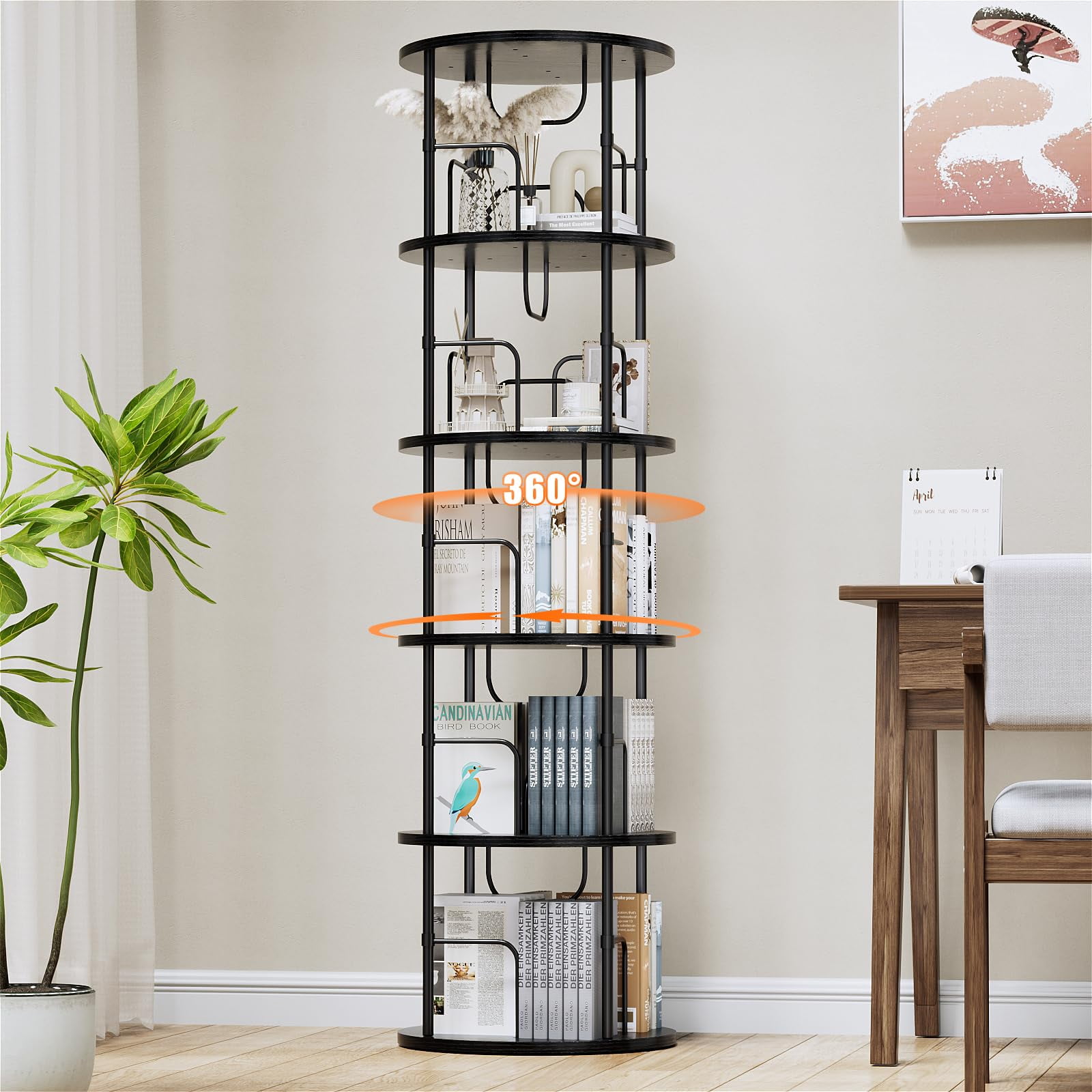 Black 5-Tier 360° Rotating Stackable Bookshelf with Metal Frame